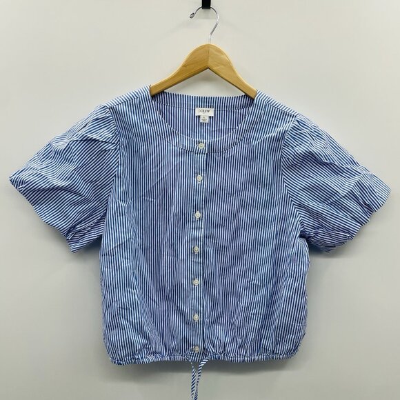 J Crew Factory Womens Large Striped Puff Sleeve Tie Waist Top Banker Blue 2302 - Picture 3 of 9